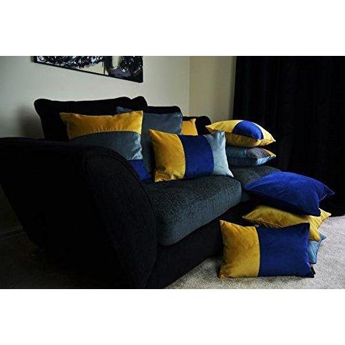 McAlister Textiles Diagonal Patchwork Velvet Navy, Yellow + Grey Cushion Cushions and Covers 