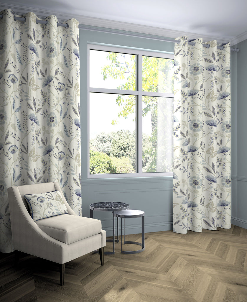 McAlister Textiles Florence Powder Blue Printed Floral Curtains Tailored Curtains 
