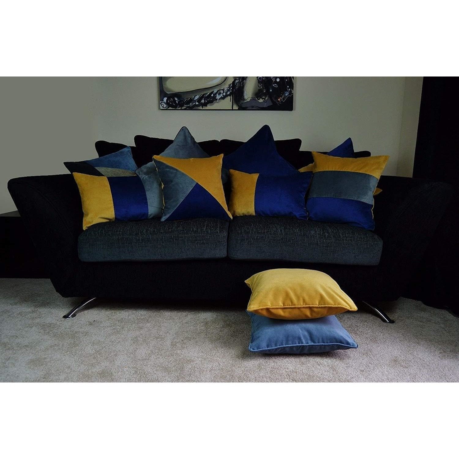 McAlister Textiles Straight Patchwork Velvet Navy, Yellow + Grey Cushion Cushions and Covers 