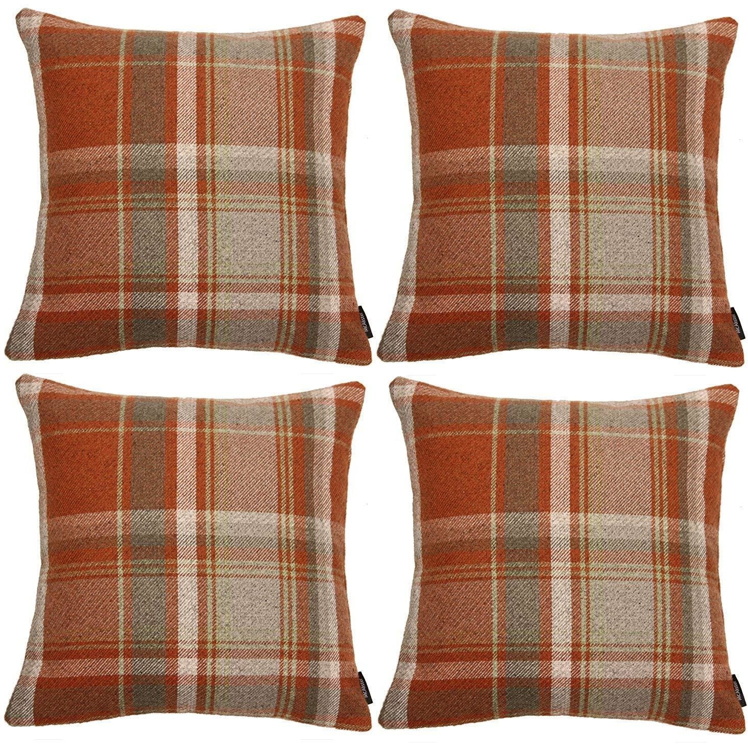 McAlister Textiles Heritage Burnt Orange + Grey Tartan 43cm x 43cm Cushion Sets Cushions and Covers Cushion Covers Set of 4 