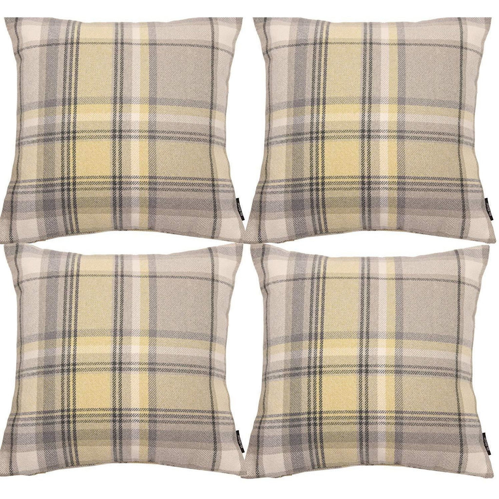 McAlister Textiles Heritage Yellow + Grey Tartan 43cm x 43cm Cushion Sets Cushions and Covers Cushion Covers Set of 4 
