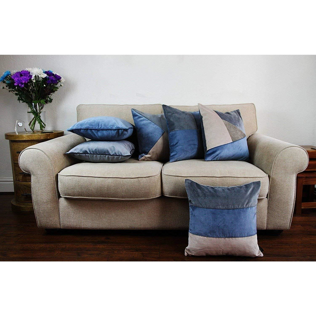McAlister Textiles Patchwork Velvet Gold, Blue + Grey Cushion Set Cushions and Covers 