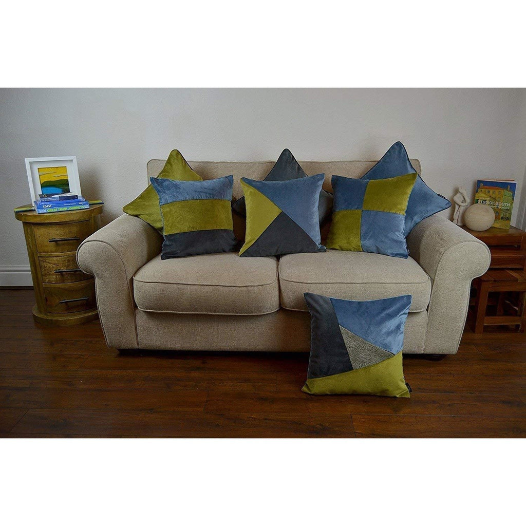 McAlister Textiles Diagonal Patchwork Velvet Blue, Green + Grey Cushion Cushions and Covers 