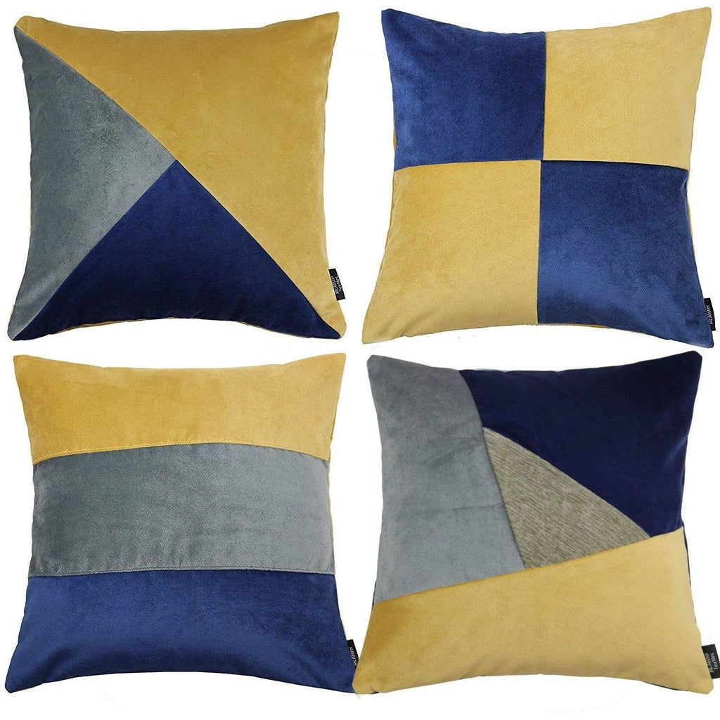 McAlister Textiles Patchwork Velvet Navy, Yellow + Grey Cushion Set Cushions and Covers Cushion Covers 