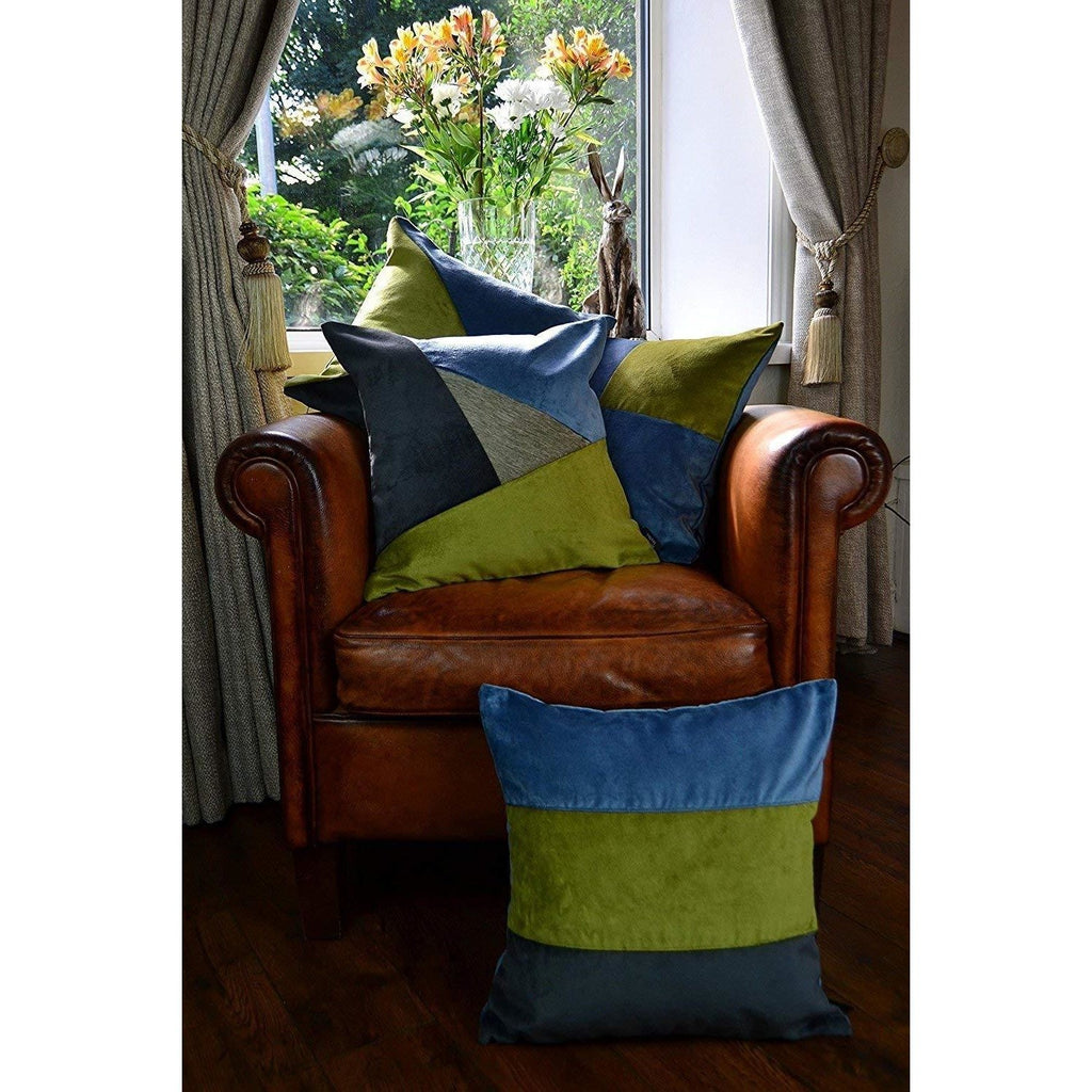McAlister Textiles Straight Patchwork Velvet Blue, Green + Grey Cushion Cushions and Covers 