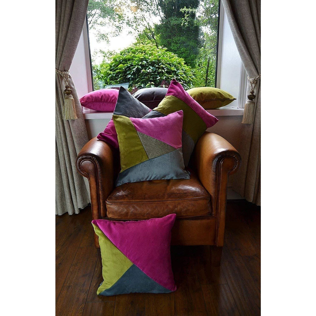 McAlister Textiles Patchwork Velvet Pink, Green + Grey 43cm x 43cm Cushion Set Cushions and Covers 
