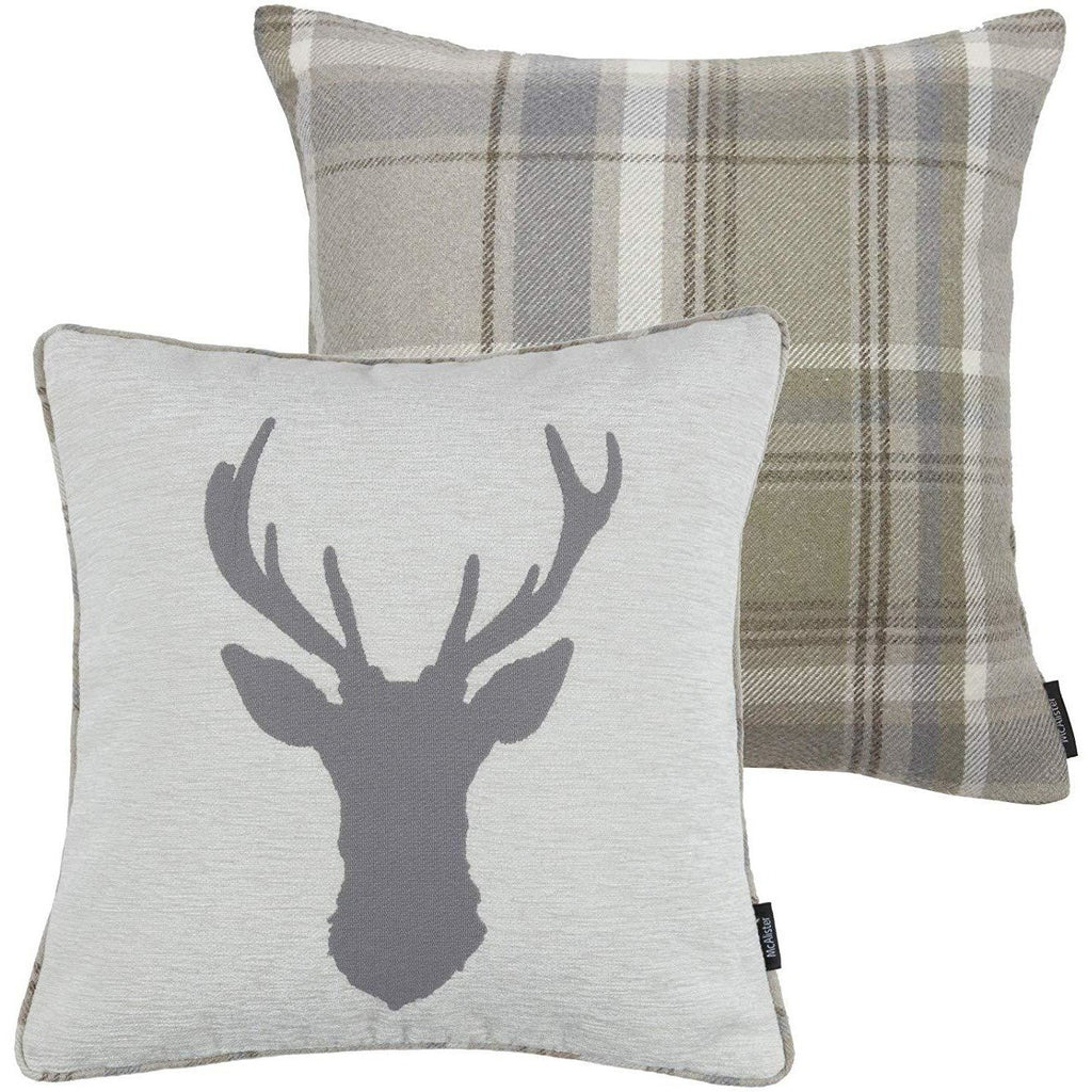 McAlister Textiles Stag Pale Beige Grey Tartan Cushion Cushions and Covers 