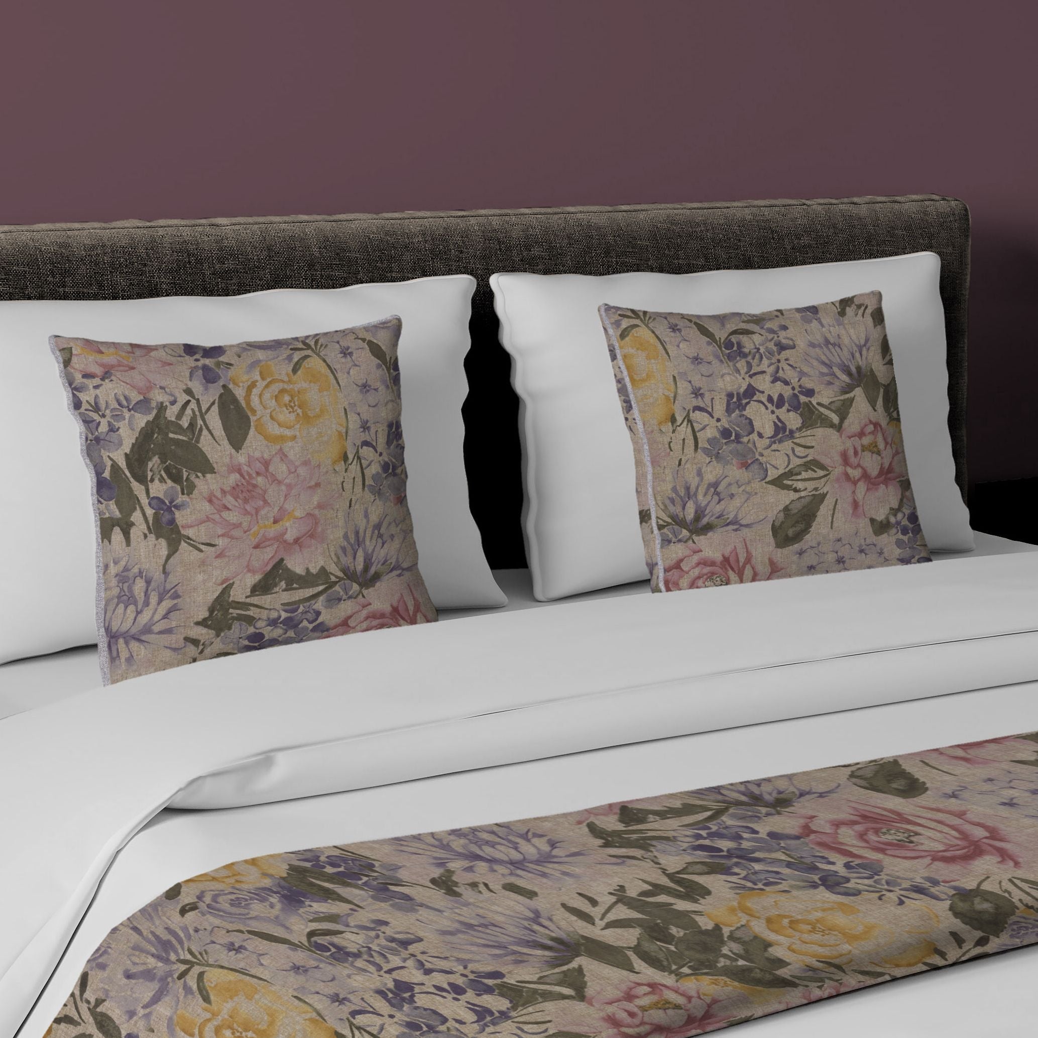 McAlister Textiles Blooma Purple, Pink and Ochre Floral Bedding Set Bedding Set Runner (50x240cm) + 2x Cushion Covers 