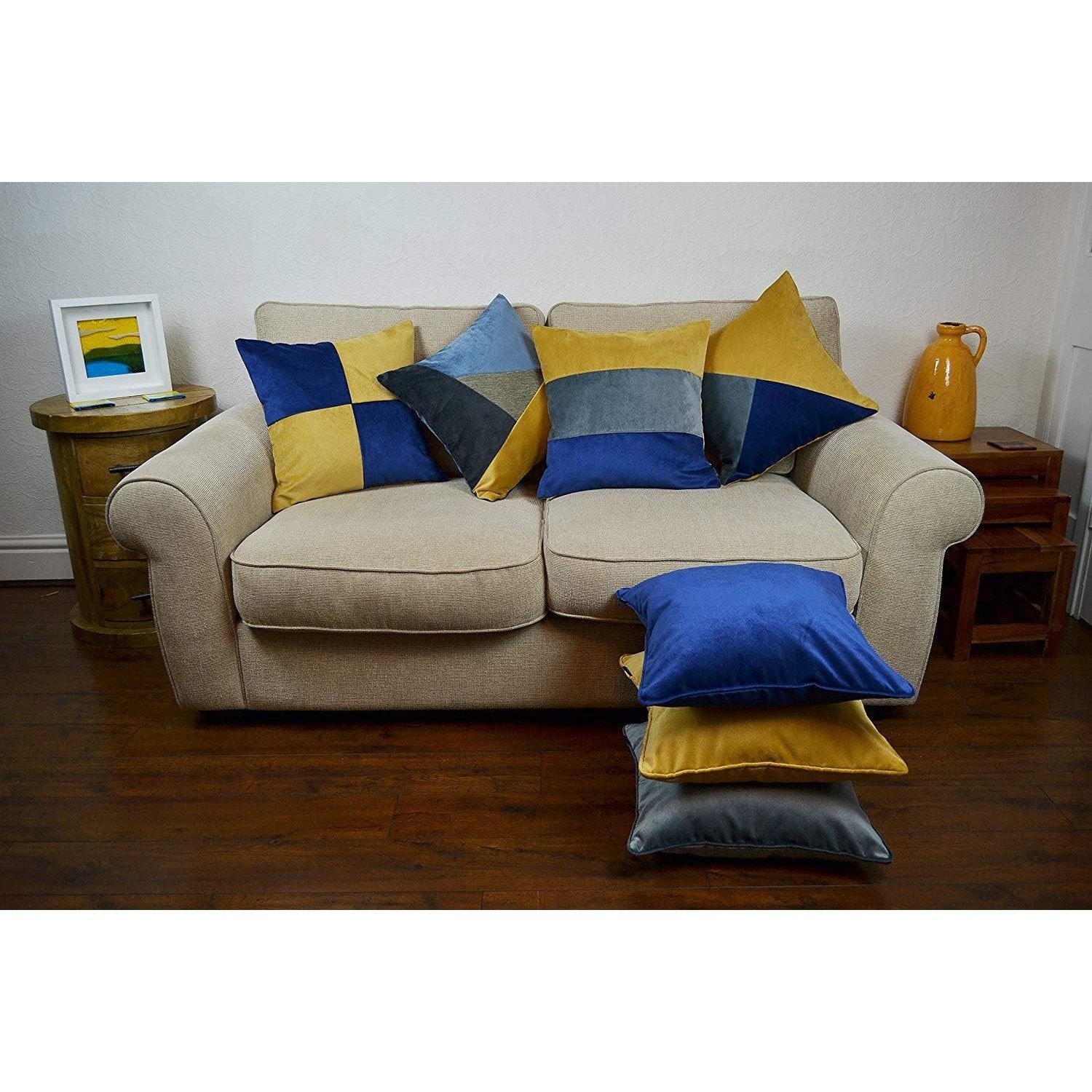 McAlister Textiles Patchwork Velvet Navy, Yellow + Grey Cushion Set Cushions and Covers 