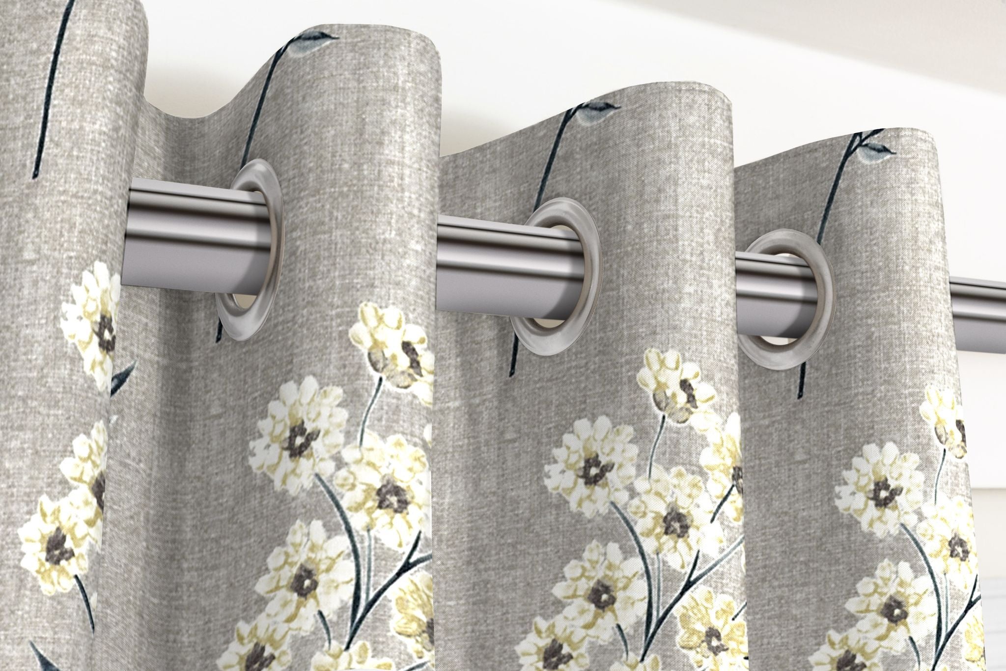 McAlister Textiles Meadow Soft Grey Floral Cotton Print Curtains Tailored Curtains 