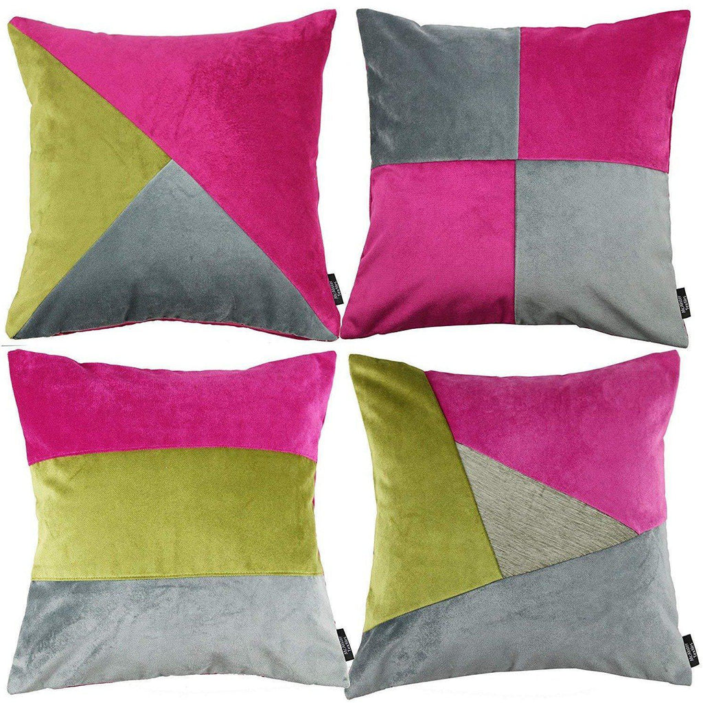 McAlister Textiles Patchwork Velvet Pink, Green + Grey 43cm x 43cm Cushion Set Cushions and Covers Cushion Covers 
