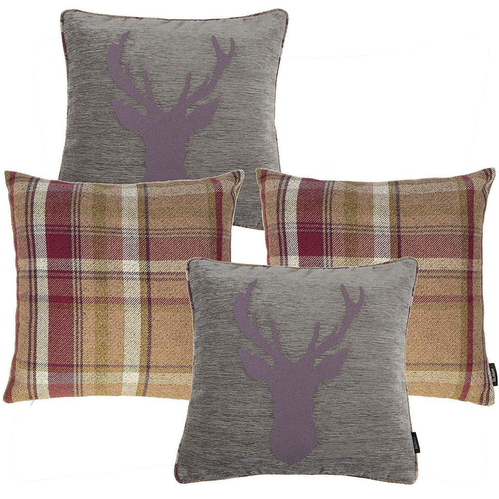 McAlister Textiles Stag Purple + Green Tartan 43cm x 43cm Cushion Set Cushions and Covers Cushion Covers 