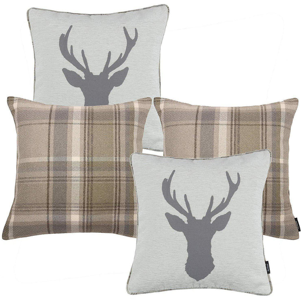 McAlister Textiles Stag Beige Grey Tartan 43cm x 43cm Cushion Set Cushions and Covers Cushion Covers 