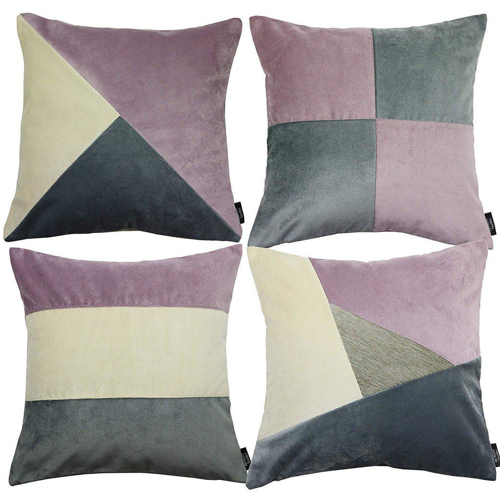 McAlister Textiles Patchwork Velvet Purple, Gold + Grey Cushion Set Cushions and Covers Cushion Covers 