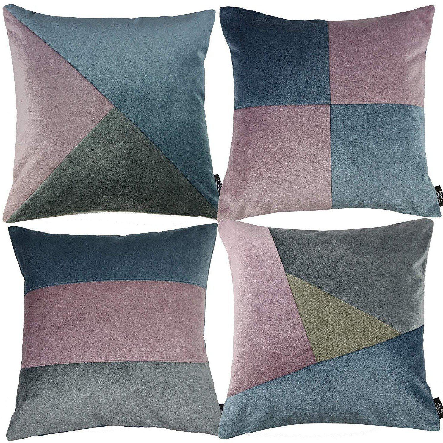 McAlister Textiles Patchwork Velvet Purple, Blue + Grey Cushion Set Cushions and Covers Cushion Covers 