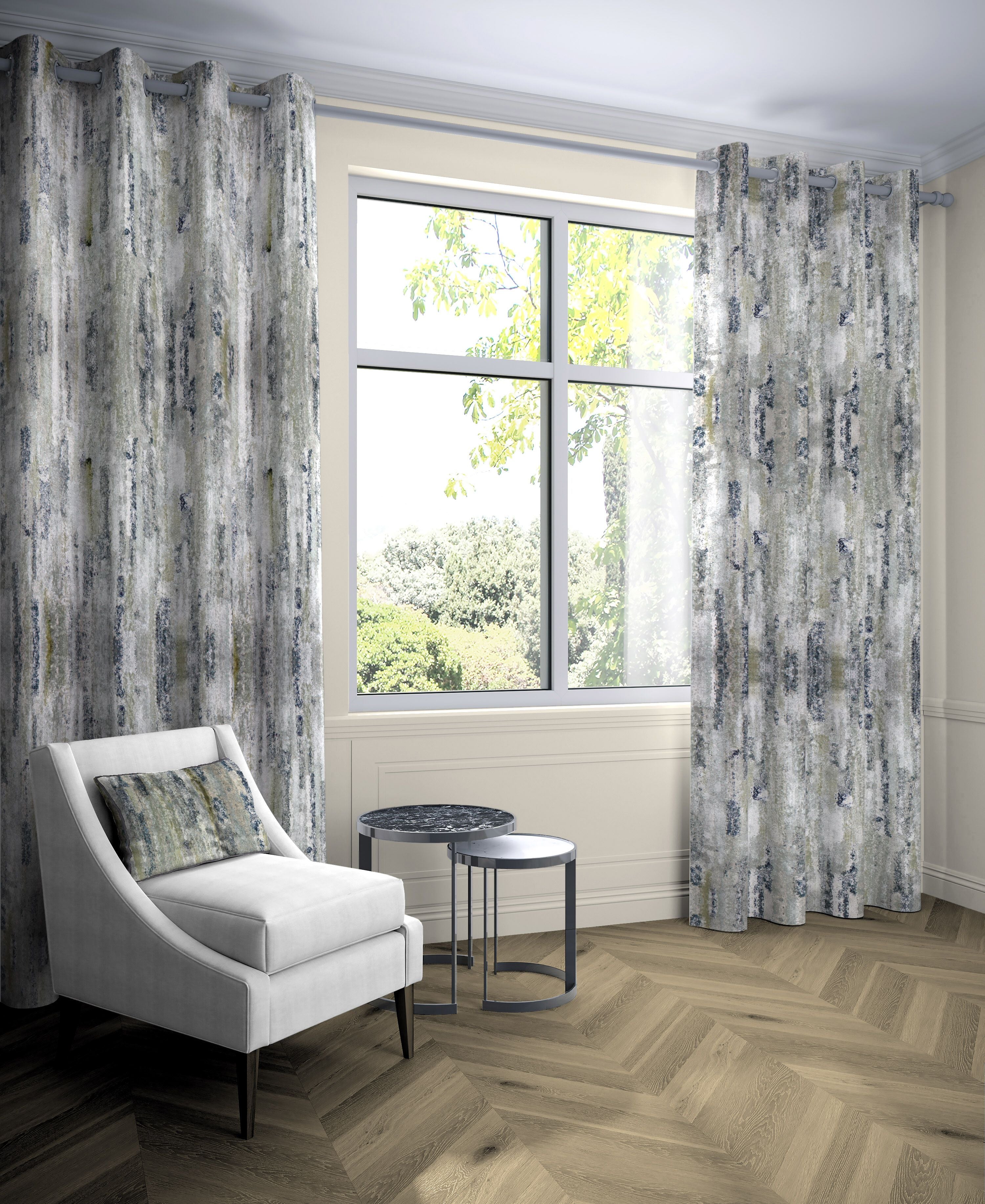 Aura Grey Natural Printed Velvet Curtains