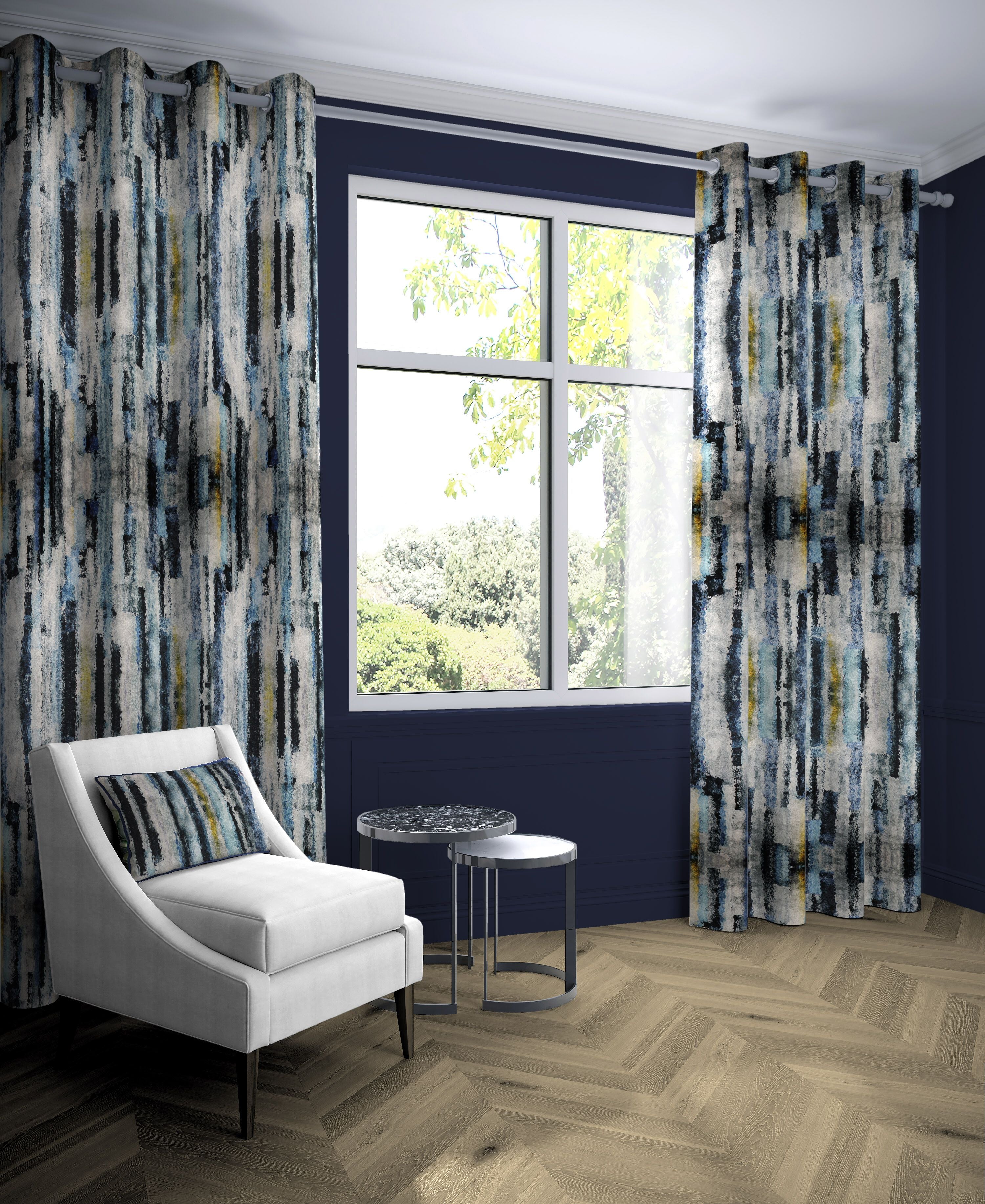 Aura Navy Blue Printed Velvet Curtains