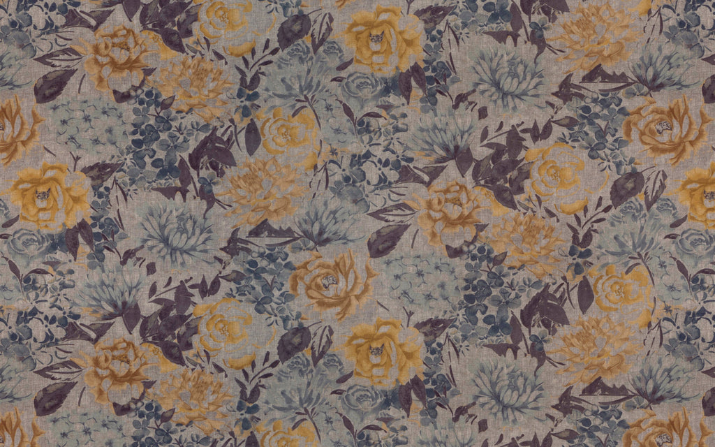 McAlister Textiles Blooma Blue, Grey and Ochre Fabric