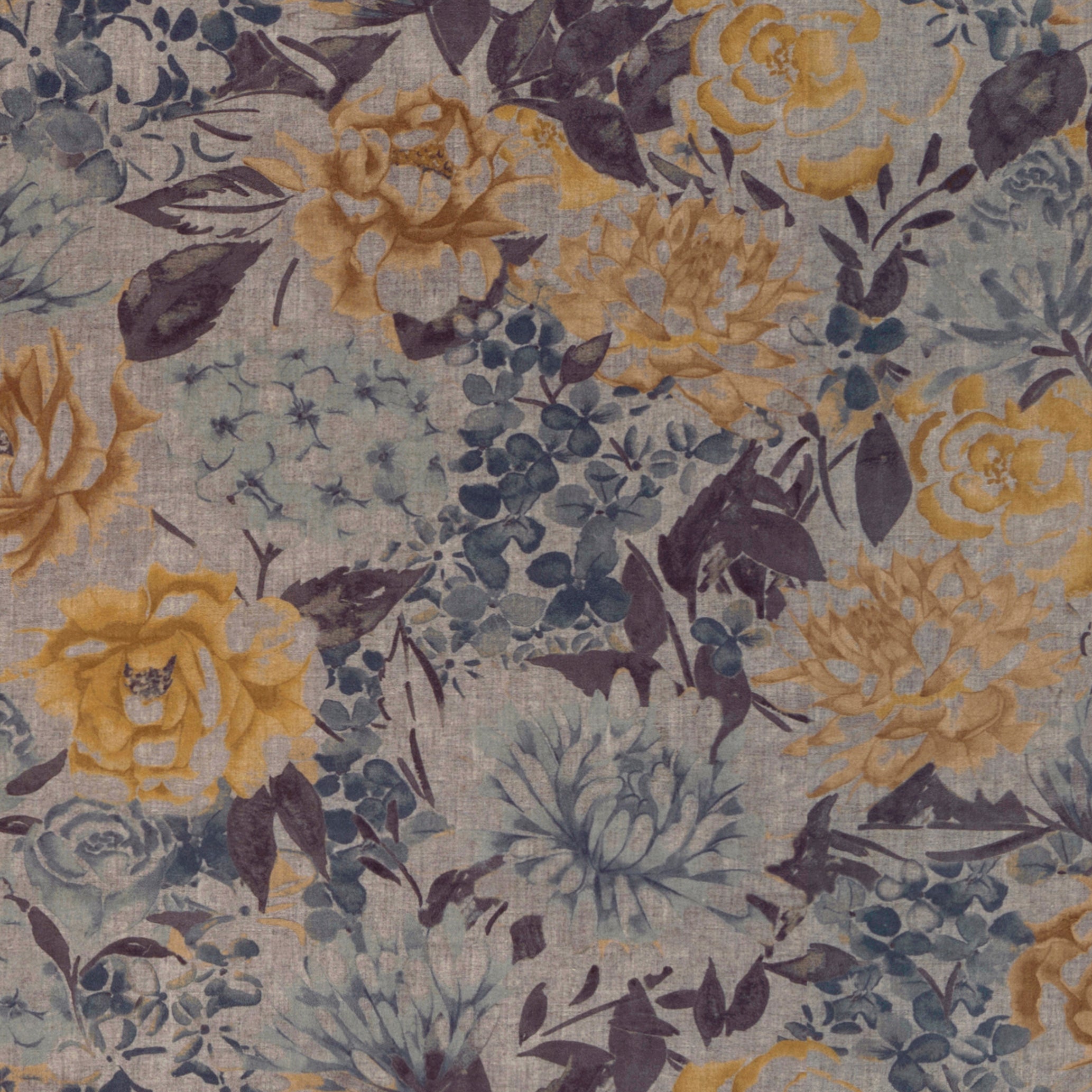 McAlister Textiles Blooma Blue, Grey and Ochre Fabric 1 Metre