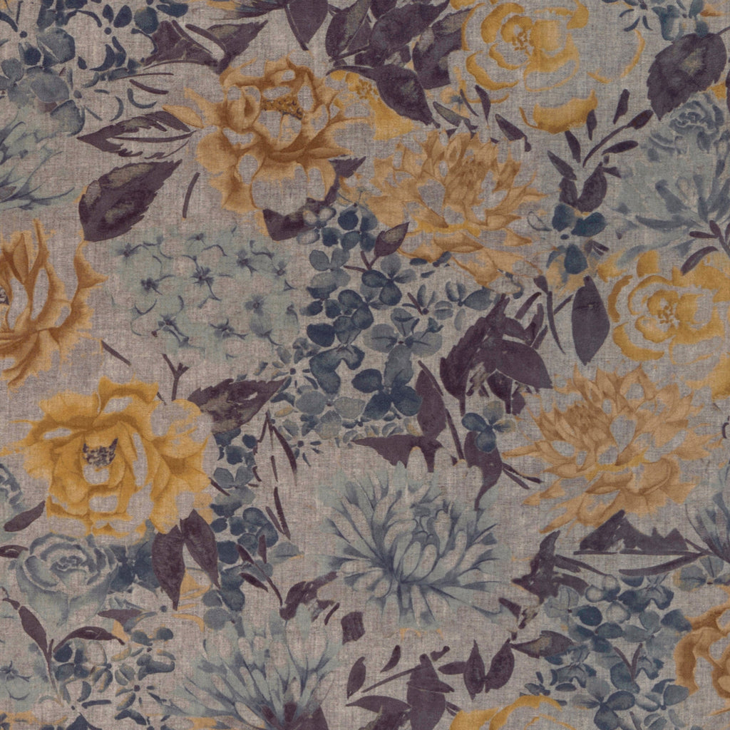 McAlister Textiles Blooma Blue, Grey and Ochre Fabric 1 Metre