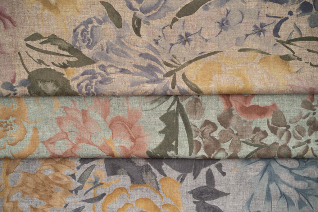 McAlister Textiles Blooma Blue, Grey and Ochre Fabric