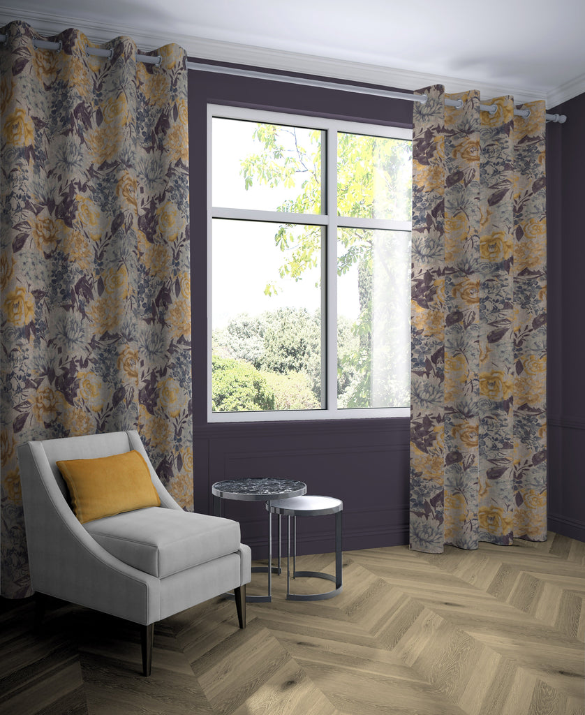 McAlister Textiles Blooma Blue, Grey and Ochre Curtains Tailored Curtains 