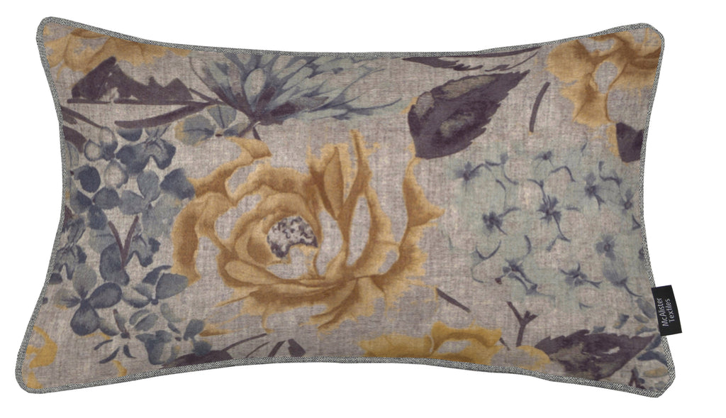 McAlister Textiles Blooma Blue, Grey and Ochre Floral Pillow Pillow Cover Only 50cm x 30cm