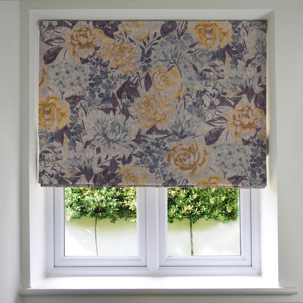 McAlister Textiles Blooma Blue, Grey and Ochre Roman Blind Standard Lining 130cm x 200cm