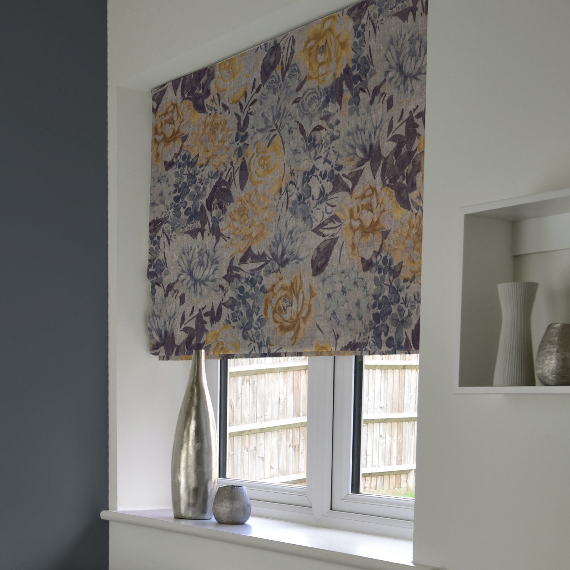 McAlister Textiles Blooma Blue, Grey and Ochre Roman Blind