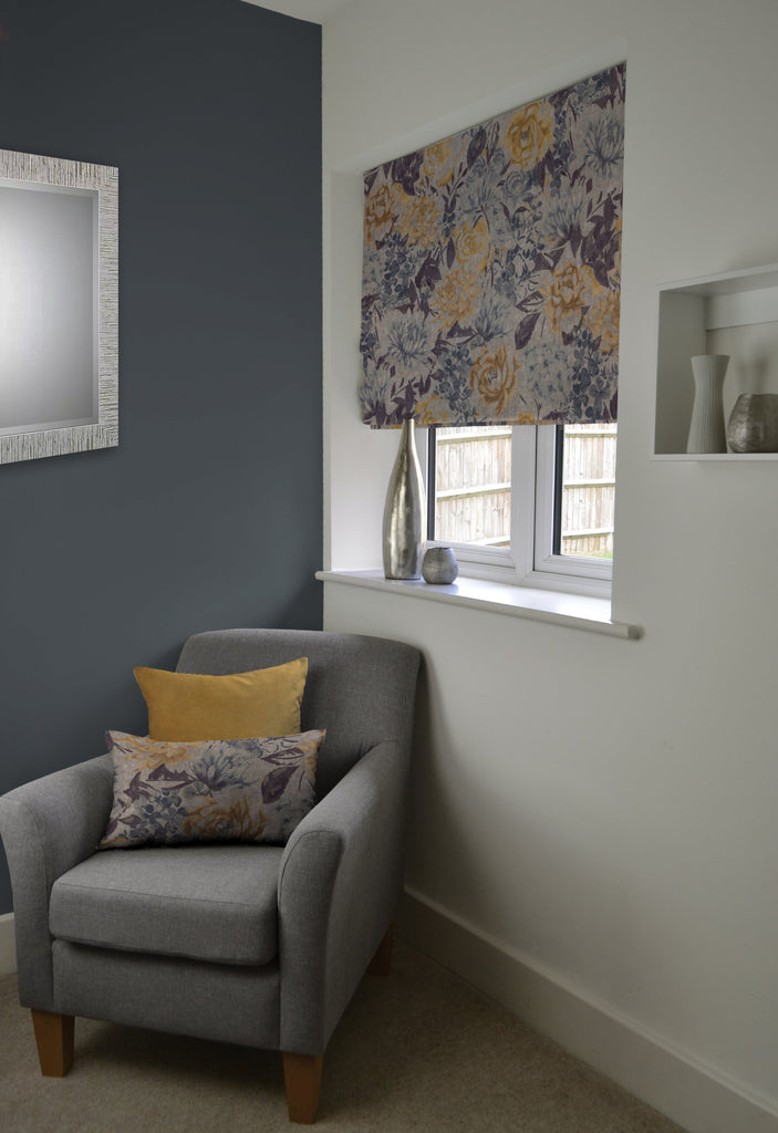 McAlister Textiles Blooma Blue, Grey and Ochre Roman Blind