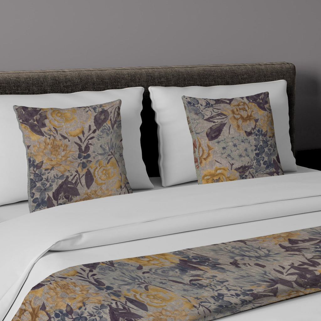 McAlister Textiles Blooma Blue, Grey and Ochre Floral Bedding Set Runner (50x240cm) + 2x Cushion Covers