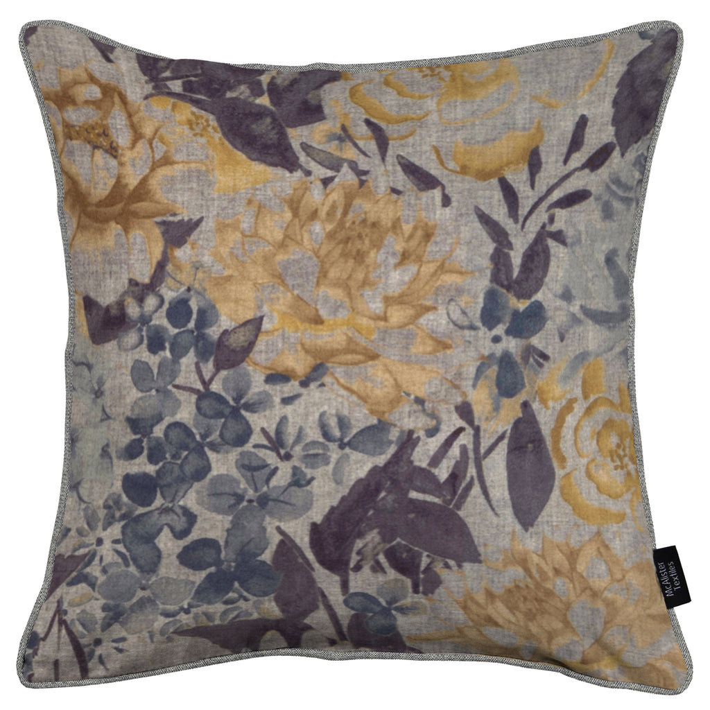 McAlister Textiles Blooma Blue, Grey and Ochre Floral Cushion Cushions and Covers Cover Only 49cm x 49cm