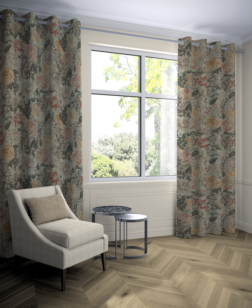 McAlister Textiles Blooms Green, Pink and Ochre Curtains Tailored Curtains