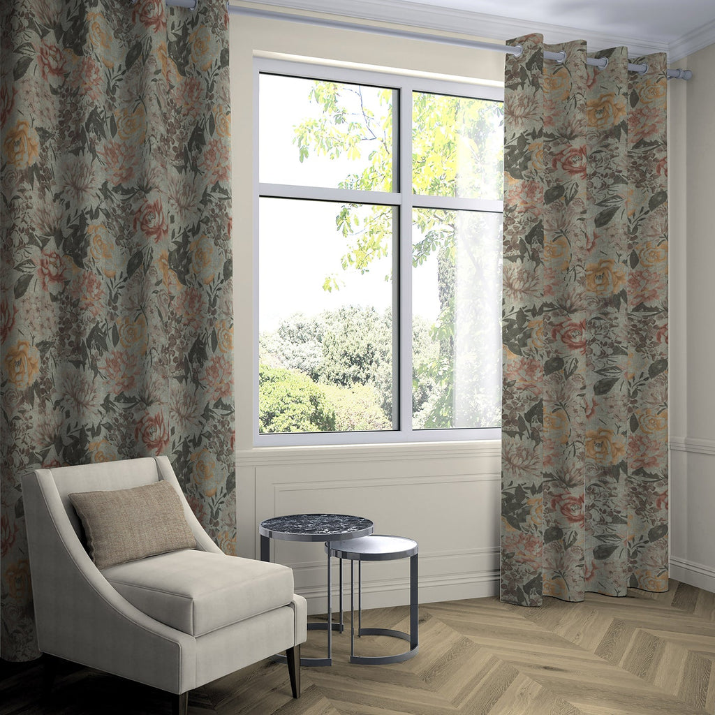 McAlister Textiles Blooms Green, Pink and Ochre Curtains Tailored Curtains