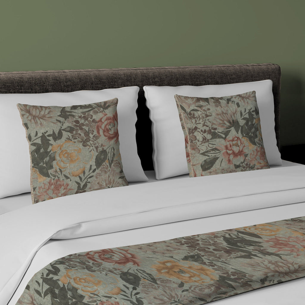McAlister Textiles Blooma Green, Pink and Ochre Floral Bedding Set Runner (50x240cm) + 2x Cushion Covers