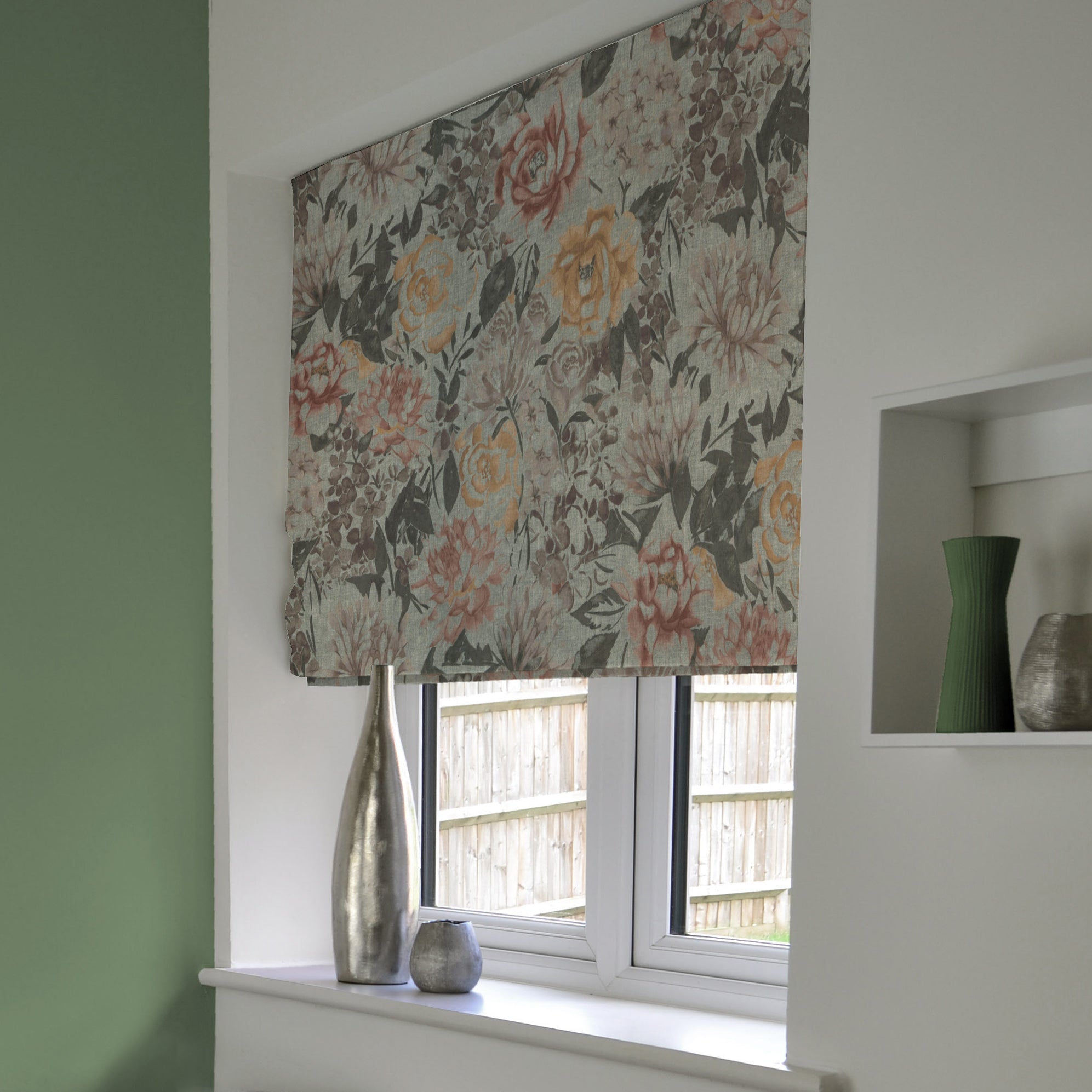 McAlister Textiles Blooma Green, Pink and Ochre Roman Blinds