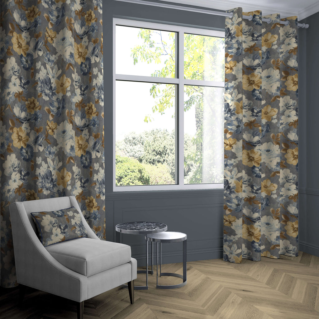 McAlister Trade Camilla Navy, Grey and Ochre Curtains Tailored Curtains