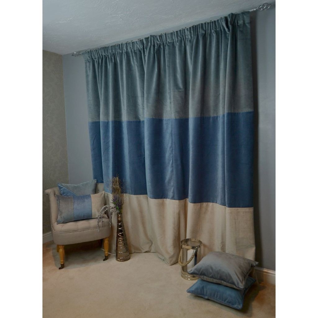 McAlister Textiles Patchwork Velvet Blue, Gold + Grey Curtains Tailored Curtains 