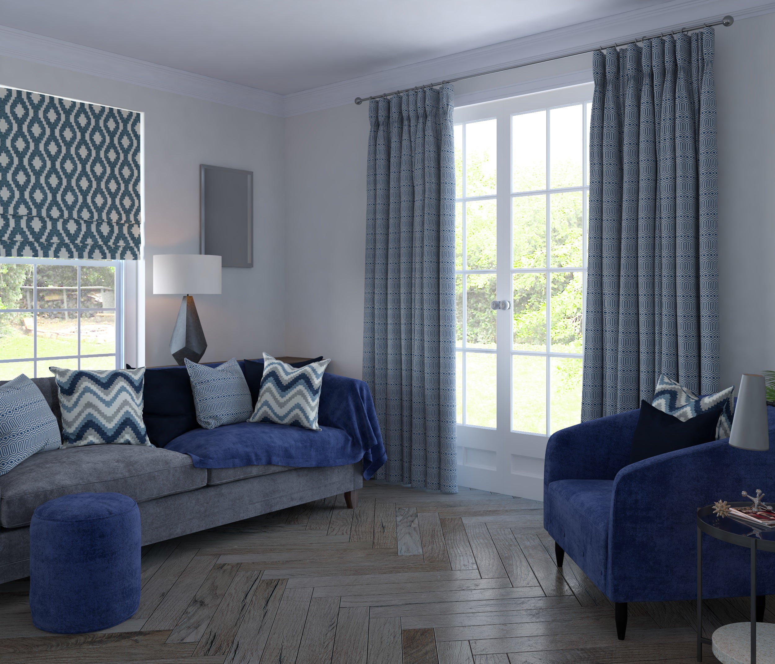 McAlister Textiles Colorado Geometric Navy Blue Curtains Tailored Curtains