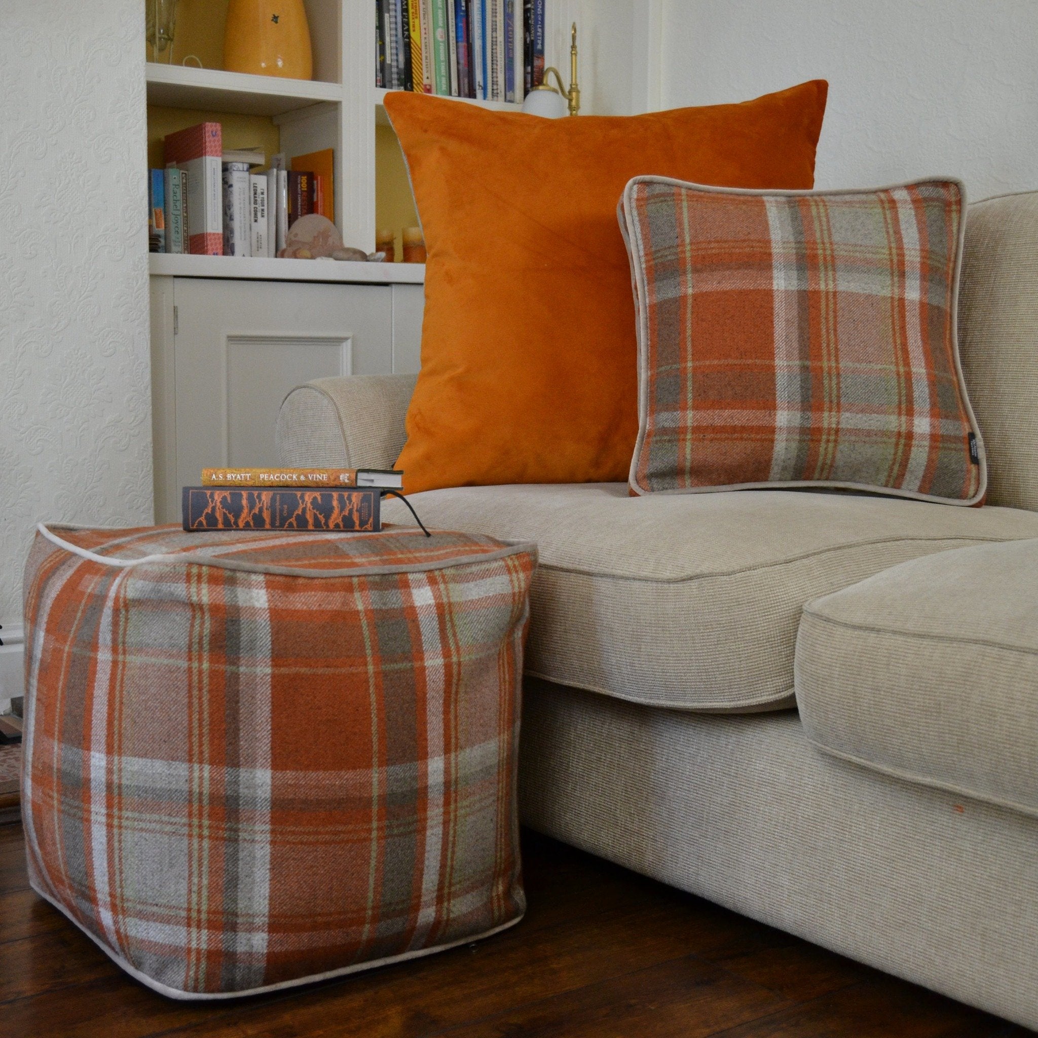 McAlister Textiles Deluxe Herringbone Grey + Orange 66cm x 66cm Floor Cushion Floor Cushions 