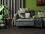 Load image into Gallery viewer, Triangle Patchwork Velvet Blue, Green + Grey Cushion
