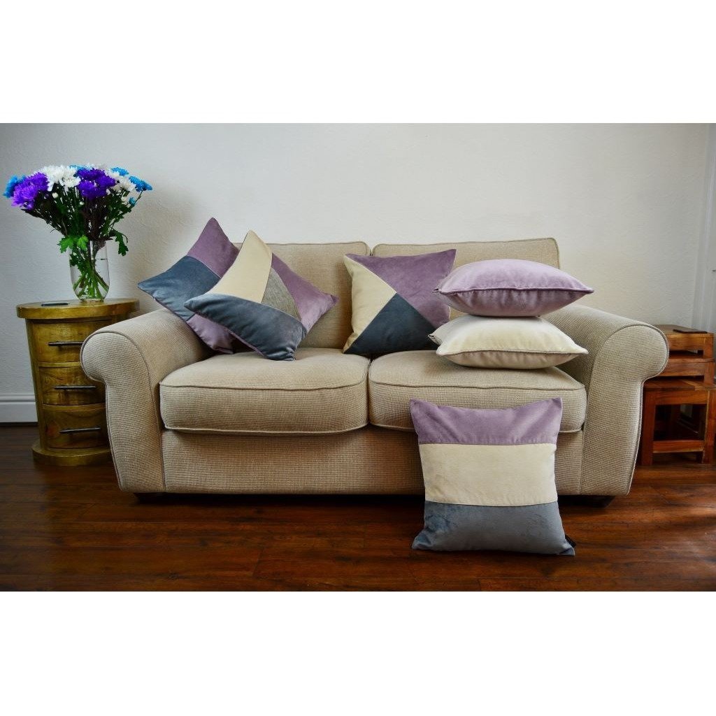 McAlister Textiles Diagonal Patchwork Velvet Purple, Gold + Grey Cushion Cushions and Covers 