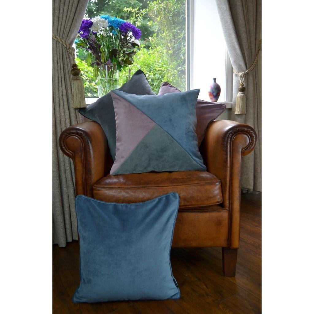 McAlister Textiles Diagonal Patchwork Velvet Blue, Purple + Grey Cushion Cushions and Covers 