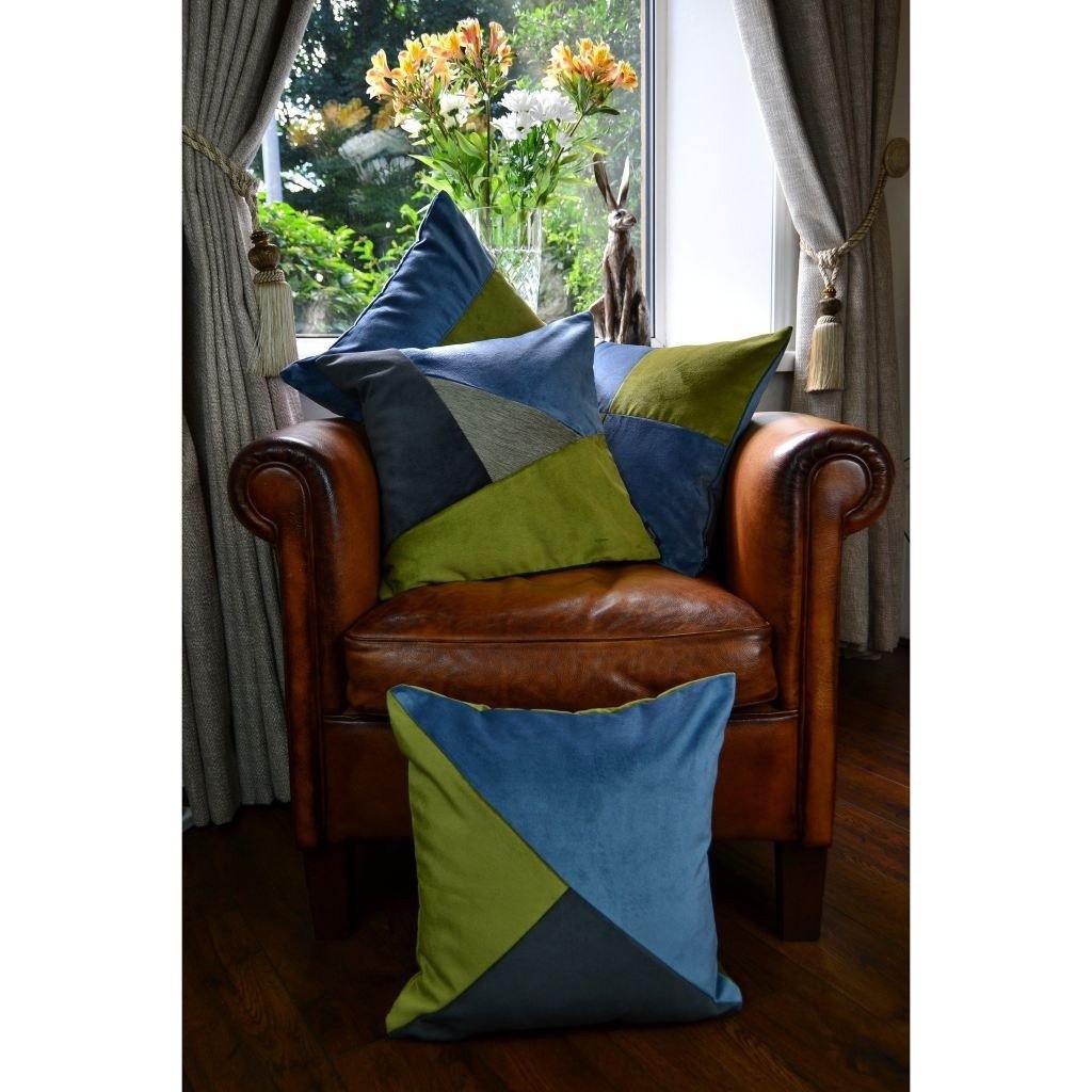 McAlister Textiles Diagonal Patchwork Velvet Blue, Green + Grey Cushion Cushions and Covers 