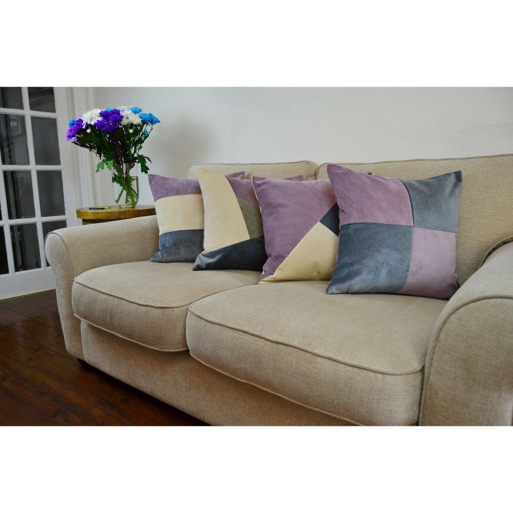 McAlister Textiles Square Patchwork Velvet Purple + Grey Cushion Cushions and Covers 