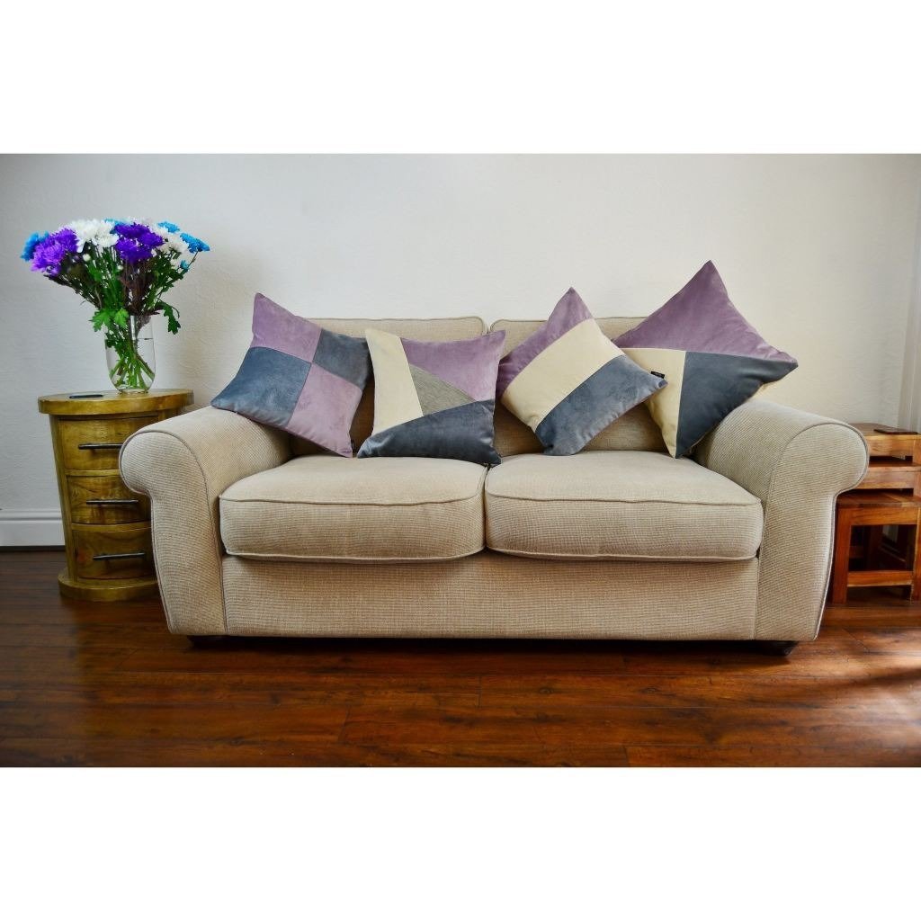 McAlister Textiles Triangle Patchwork Velvet Purple, Gold + Grey Cushion Cushions and Covers 