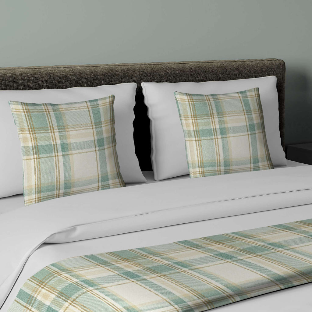 McAlister Textiles Heritage Duck Egg Blue Tartan Bedding Set Bedding Set Runner (50x240cm) + 2x Cushion Covers 