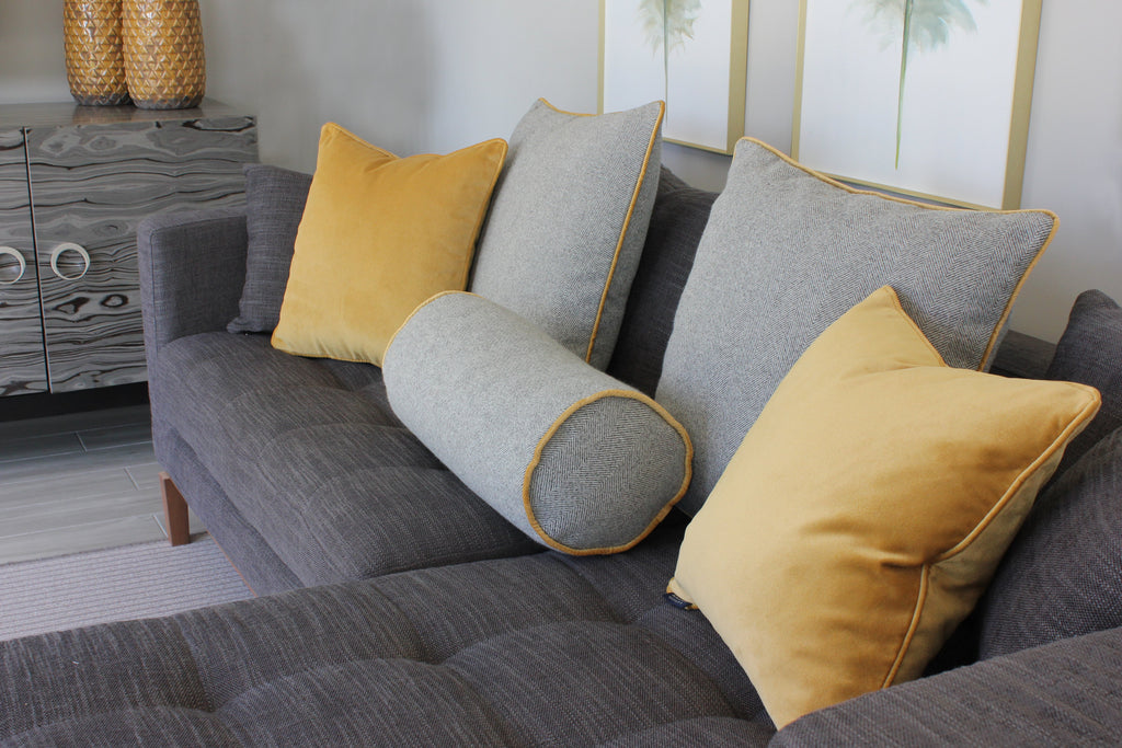 McAlister Textiles Herringbone Boutique Grey + Yellow Cushion Cushions and Covers 