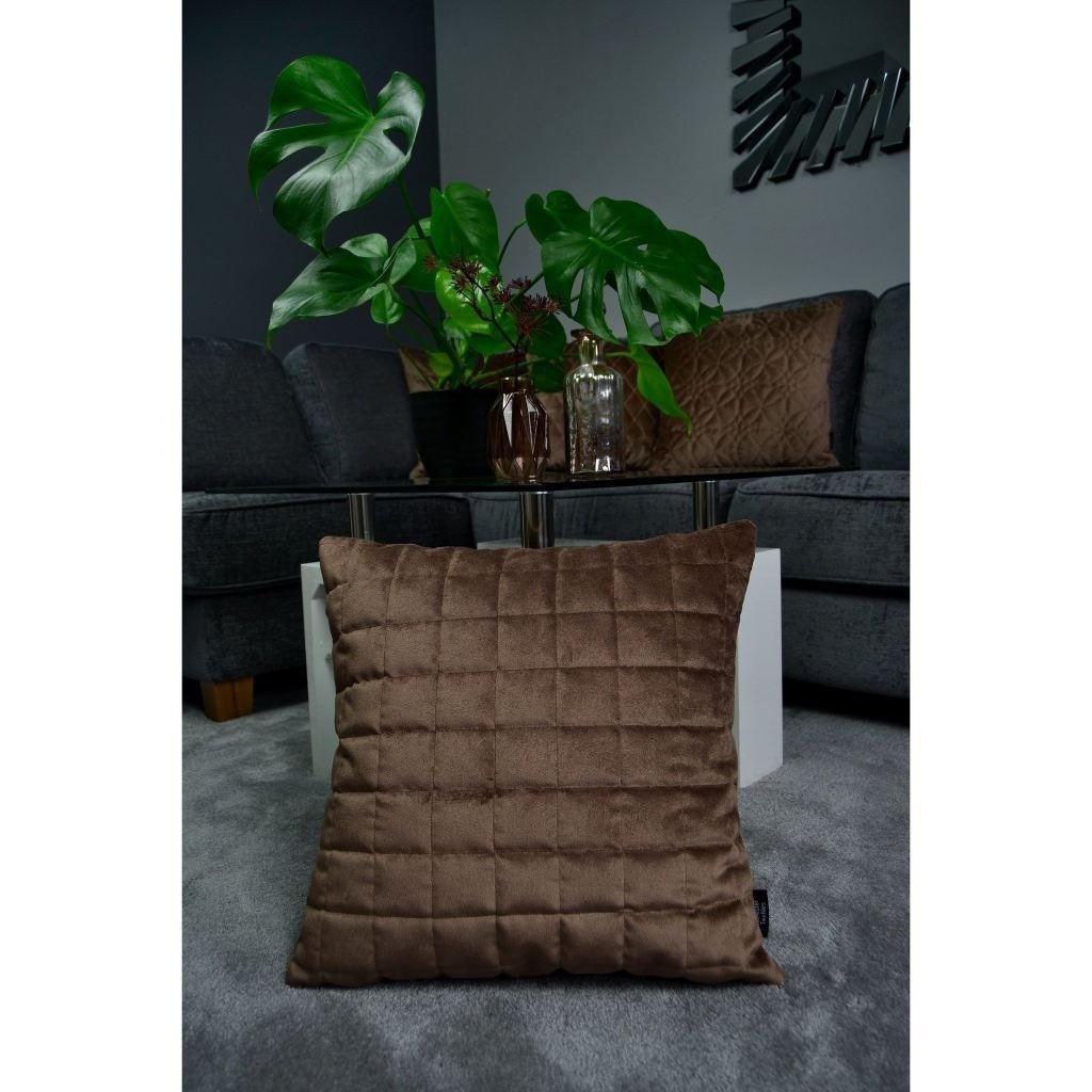 McAlister Textiles Square Quilted Mocha Brown Velvet Cushion Cushions and Covers 