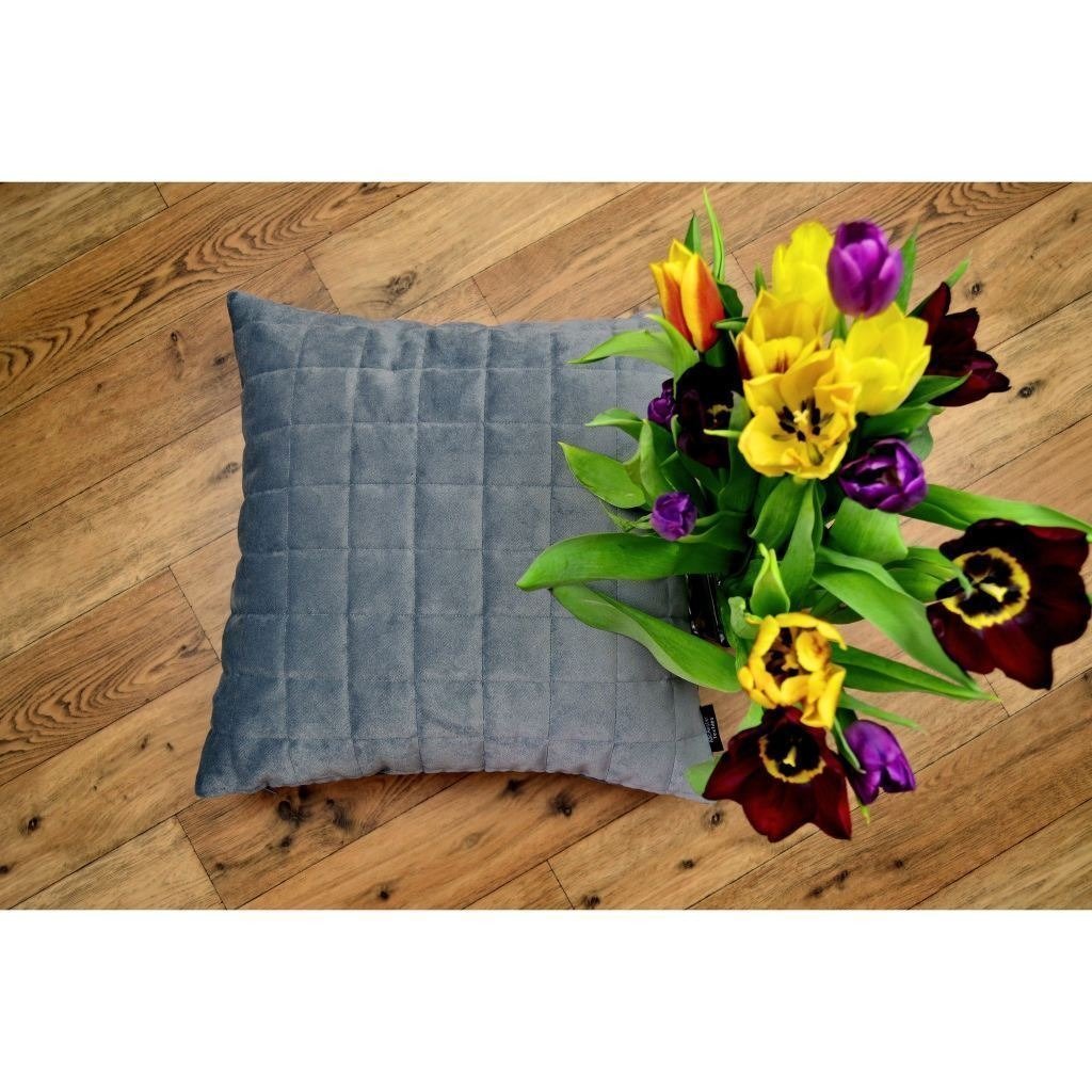 McAlister Textiles Square Quilted Silver Grey Velvet Cushion Cushions and Covers 